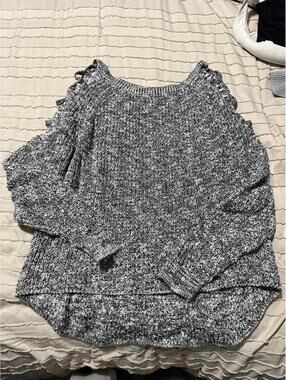 Express Women's Gray and Black Knit Sweater with Lace-Up Detail Size Small